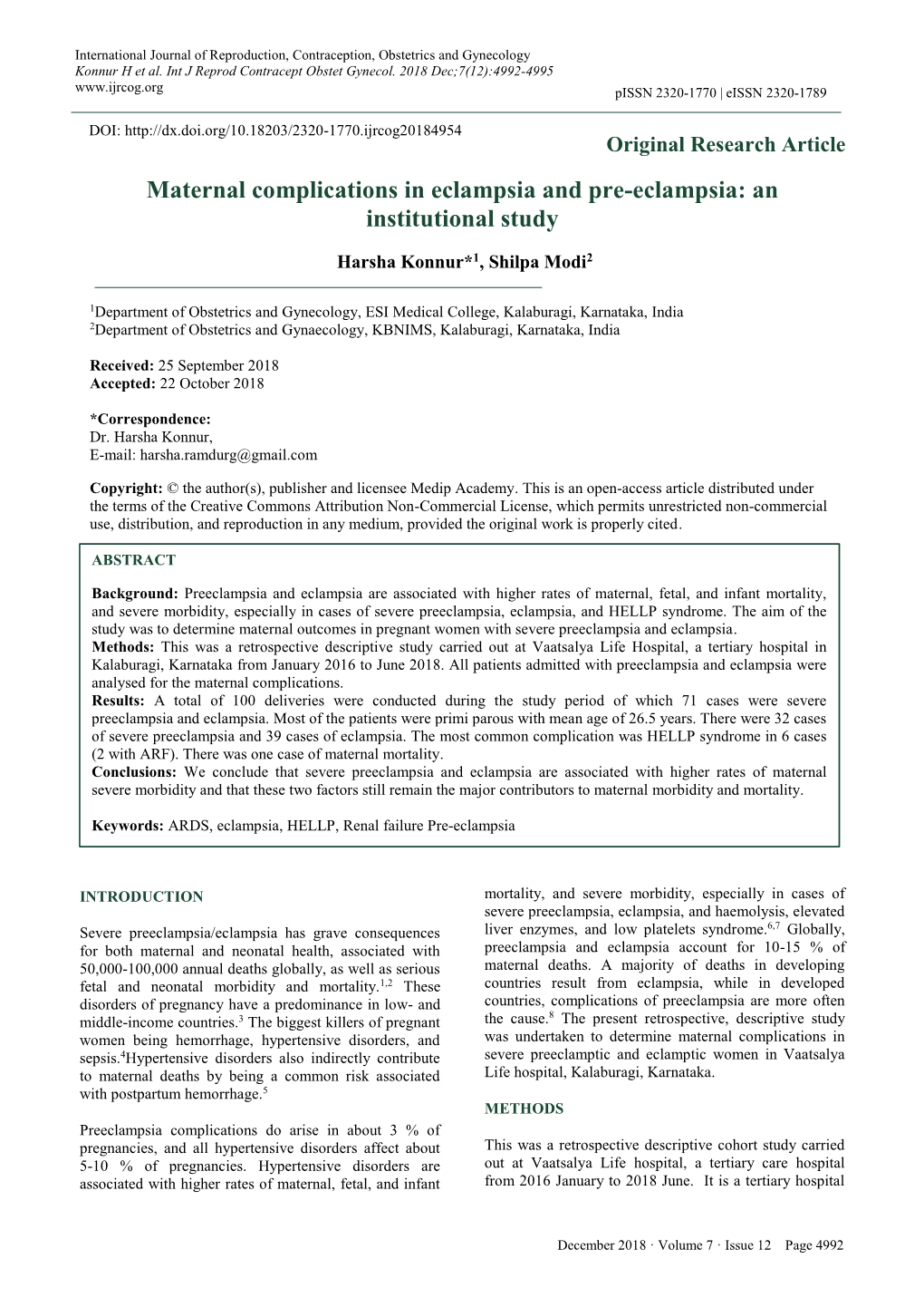 Maternal Complications in Eclampsia and Pre-Eclampsia: an Institutional ...