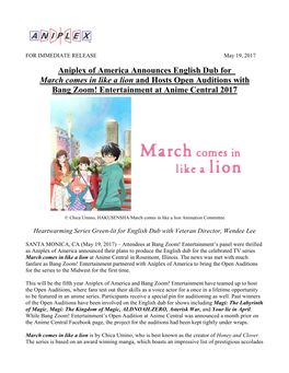 Aniplex of America Announces English Dub for March Comes in Like a Lion and Hosts Open Auditions with Bang Zoom! Entertainment at Anime Central 2017