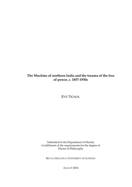 The Muslims of Northern India and the Trauma of the Loss of Power, C. 1857-1930S