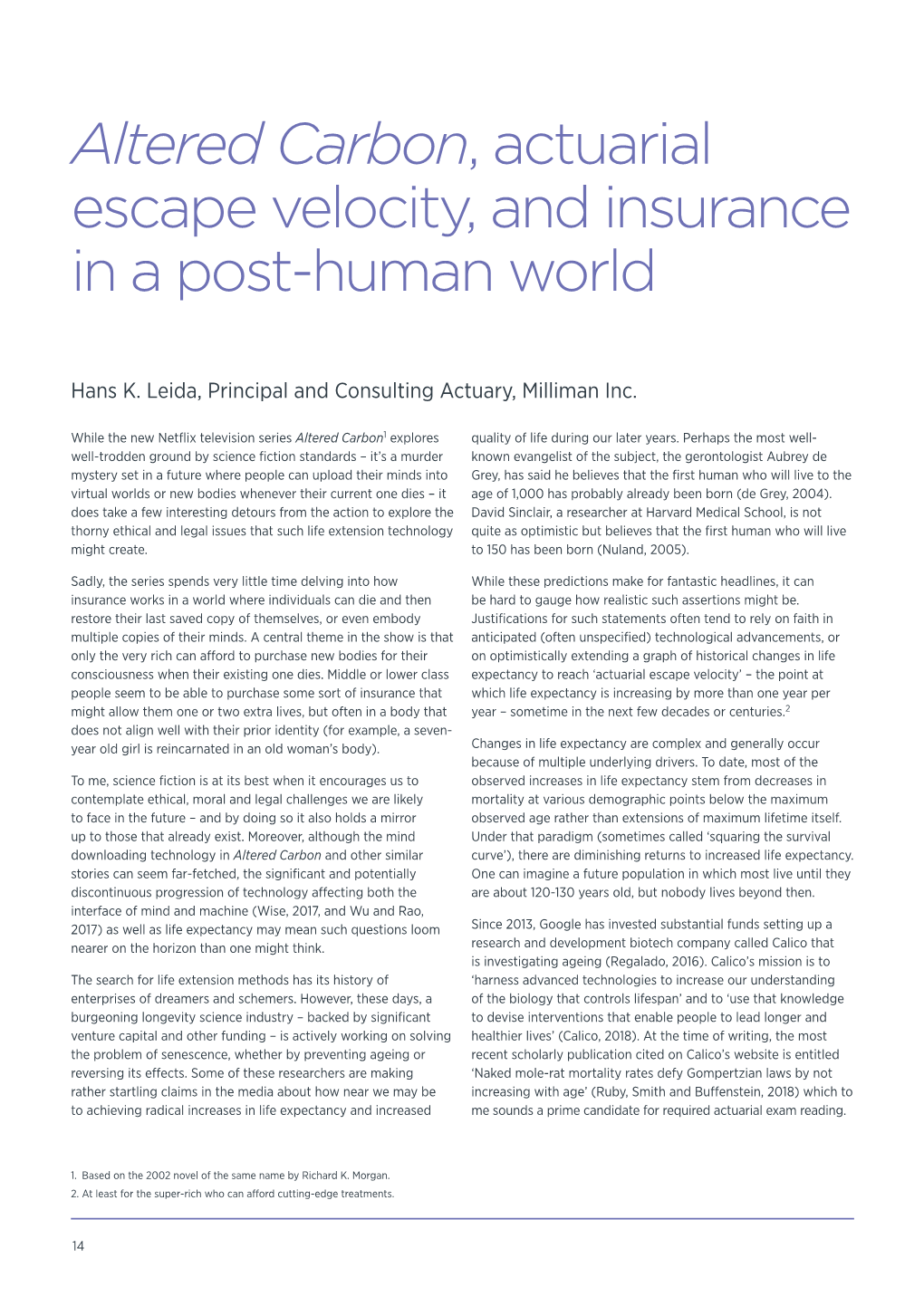 Altered Carbon, Actuarial Escape Velocity, and Insurance in a Post-Human World