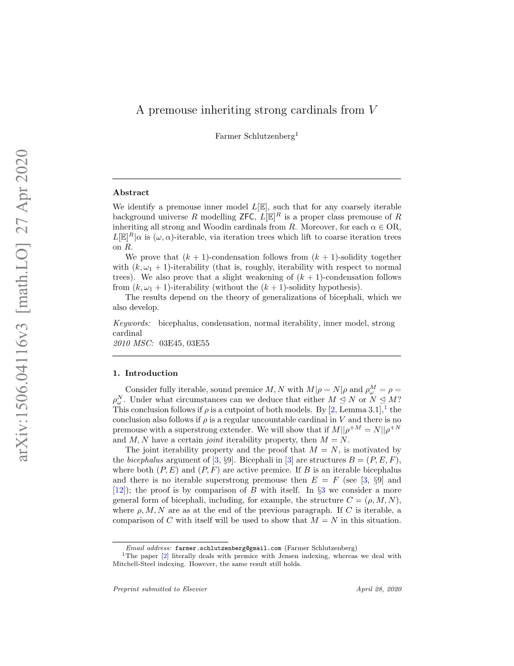 A Premouse Inheriting Strong Cardinals from $ V$