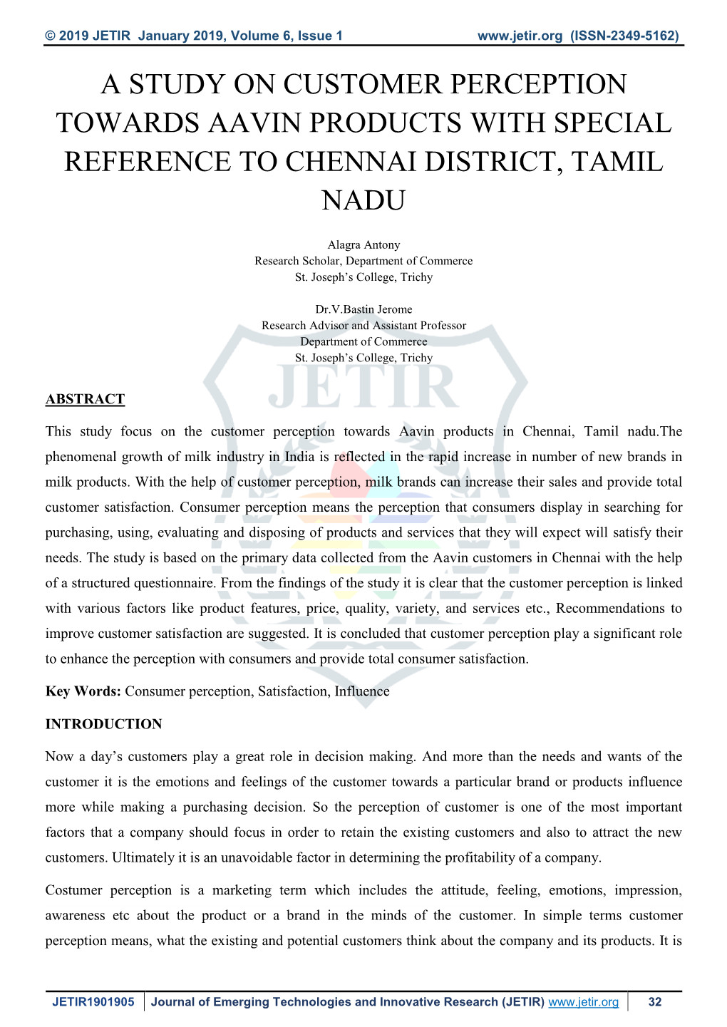A Study on Customer Perception Towards Aavin Products with Special Reference to Chennai District, Tamil Nadu