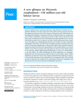 A New Glimpse on Mesozoic Zooplankton—150 Million-Year-Old Lobster Larvae