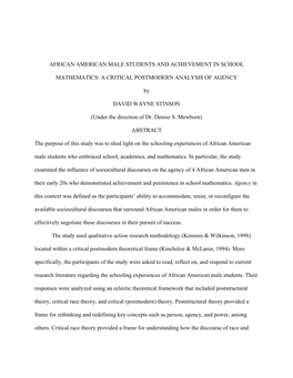 African American Male Students and Achievement in School