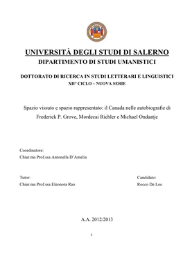 Università Degli Studi Di Salerno Dipartimento Di Studi Umanistici