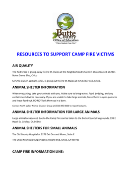 Resources to Support Camp Fire Victims