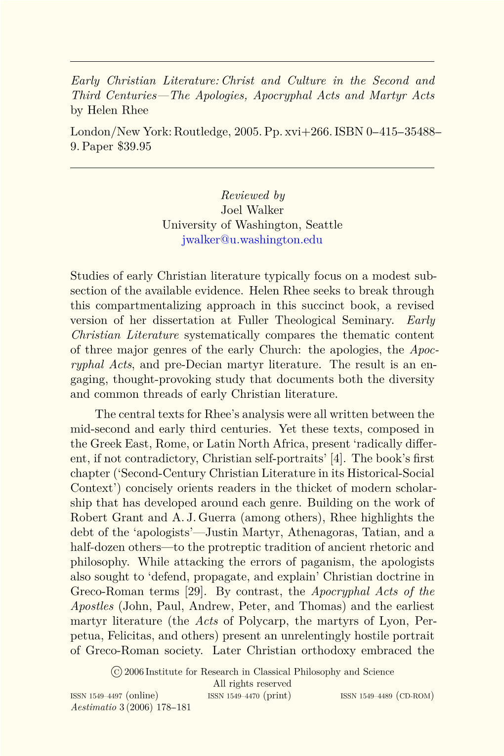 Early Christian Literature:Christ and Culture in the Second and Third