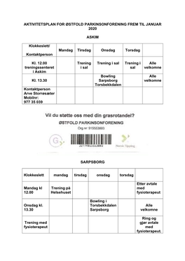 Aktivitetsplan for Østfold Parkinsonforening Frem Til Januar 2020