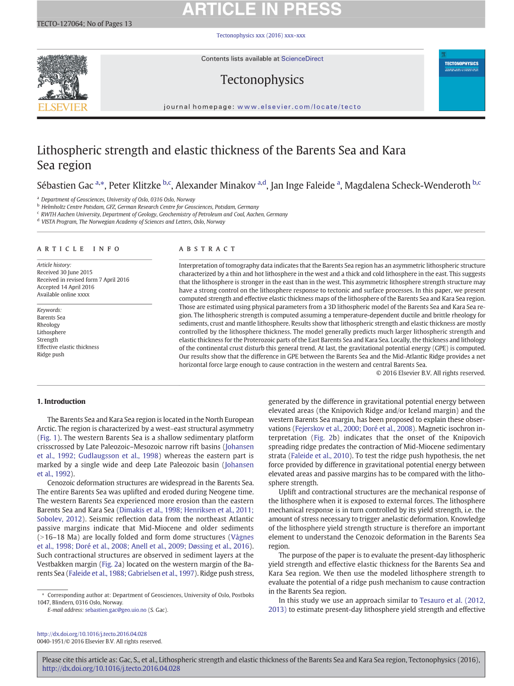 Lithospheric Strength and Elastic Thickness of the Barents Sea and Kara Sea Region