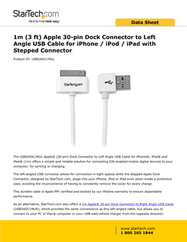 Apple 30-Pin Dock Connector to Left Angle USB Cable for Iphone / Ipod / Ipad with Stepped Connector