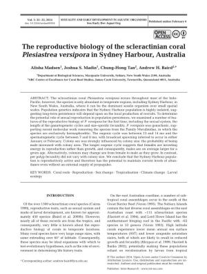 The Reproductive Biology of the Scleractinian Coral Plesiastrea Versipora in Sydney Harbour, Australia