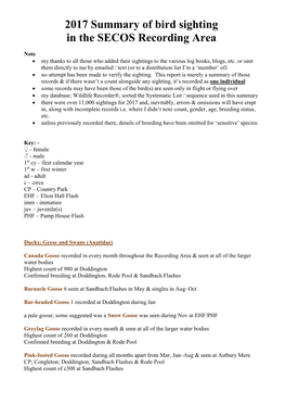 2017 Summary of Bird Sighting in the SECOS Recording Area