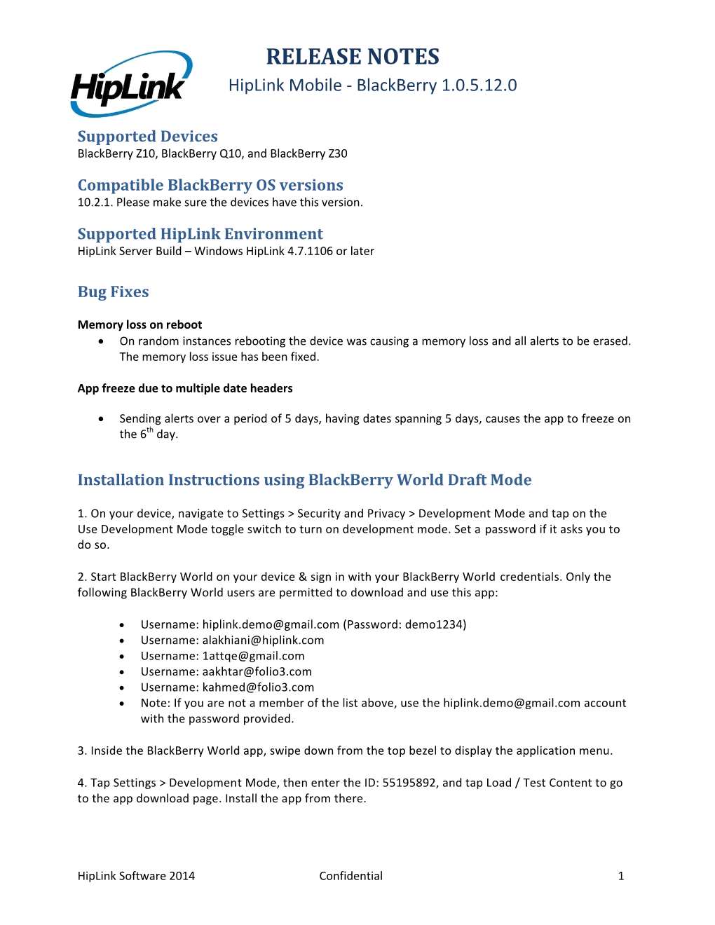 RELEASE NOTES Hiplink Mobile - Blackberry 1.0.5.12.0