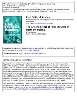 Irish Political Studies the Art and Effect of Political Lying in Northern Ireland