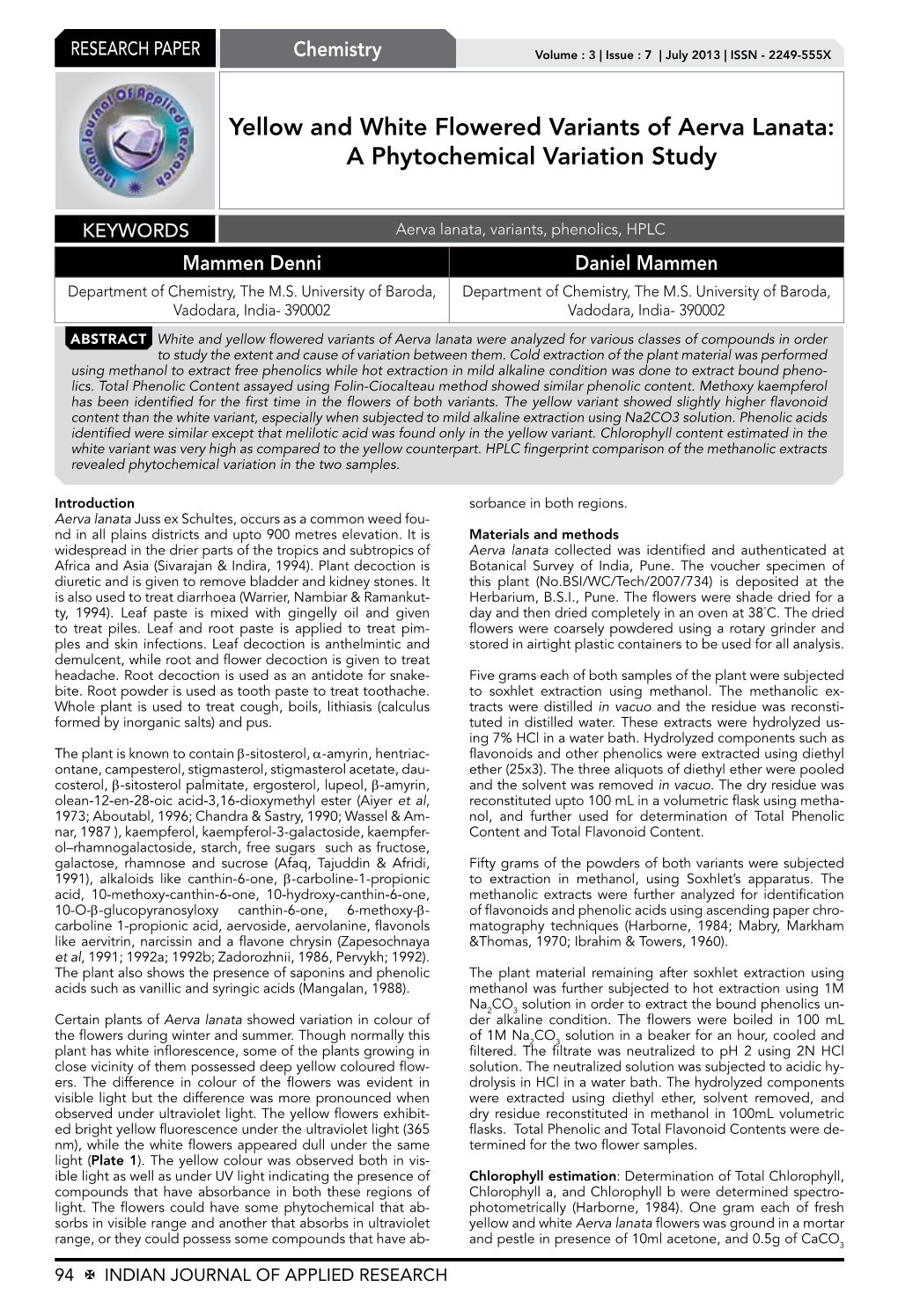 Yellow and White Flowered Variants of Aerva Lanata: a Phytochemical Variation Study