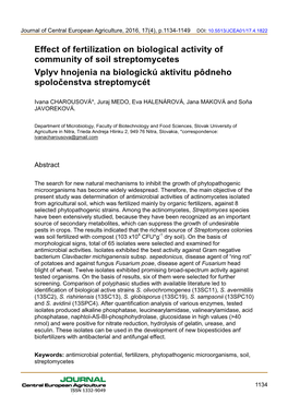 Effect of Fertilization on Biological Activity of Community of Soil Streptomycetes Vplyv Hnojenia Na Biologickú Aktivitu Pôdneho Spoločenstva Streptomycét