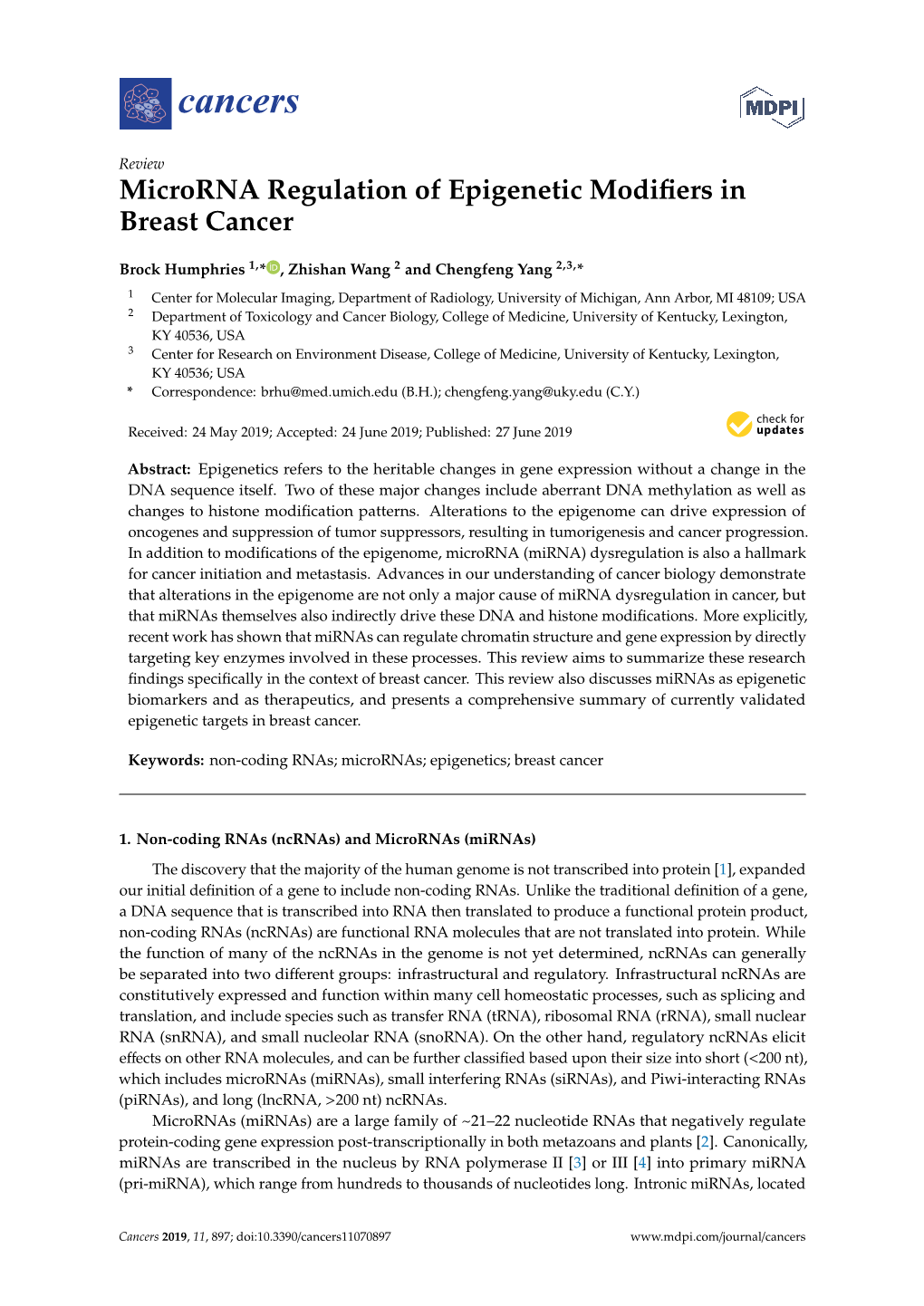 Microrna Regulation of Epigenetic Modifiers in Breast Cancer