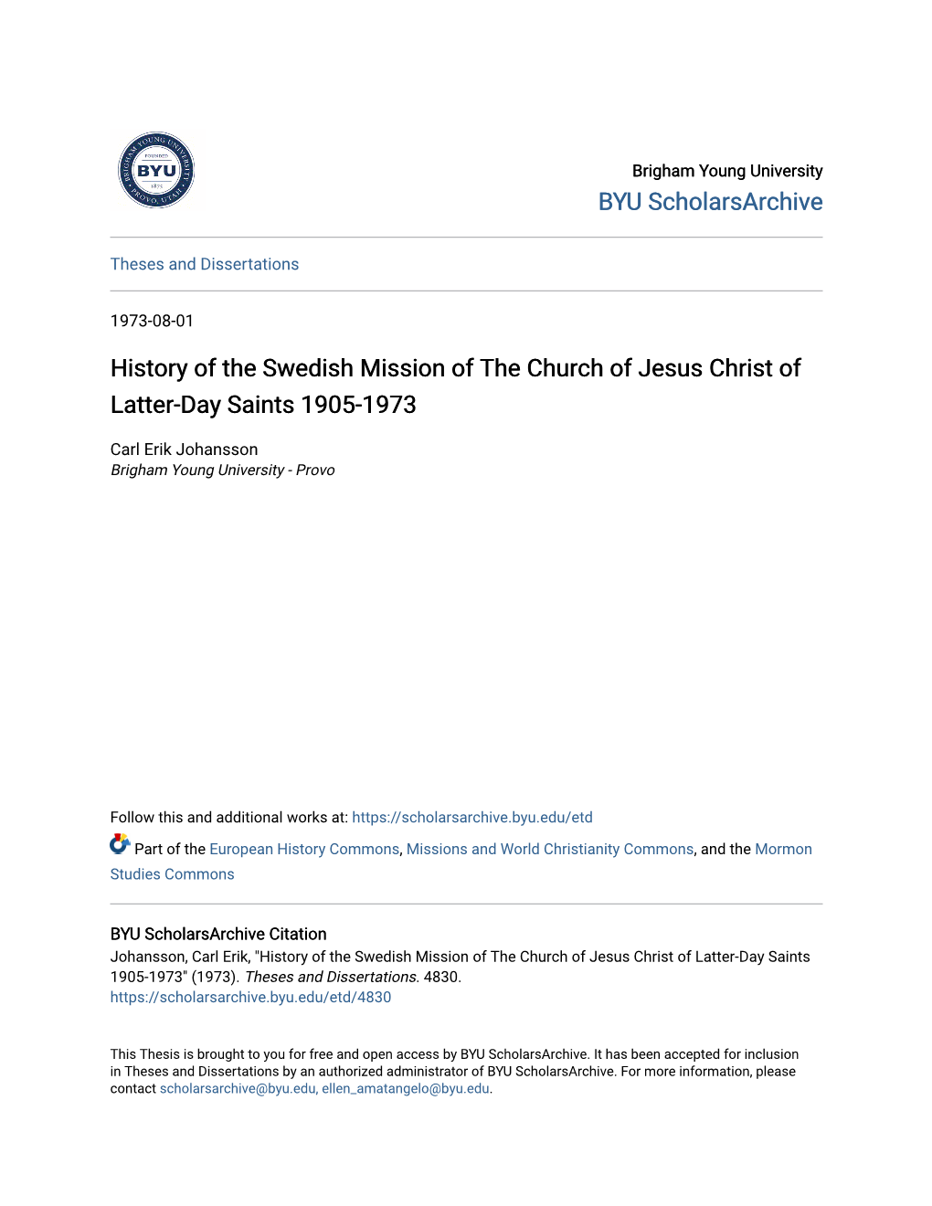 History of the Swedish Mission of the Church of Jesus Christ of Latter-Day Saints 1905-1973