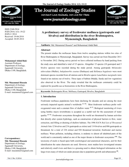 A Preliminary Survey of Freshwater Mollusca (Gastropoda and Bivalva) and Distribution in the River Brahmaputra, Mymensingh, Bangladesh