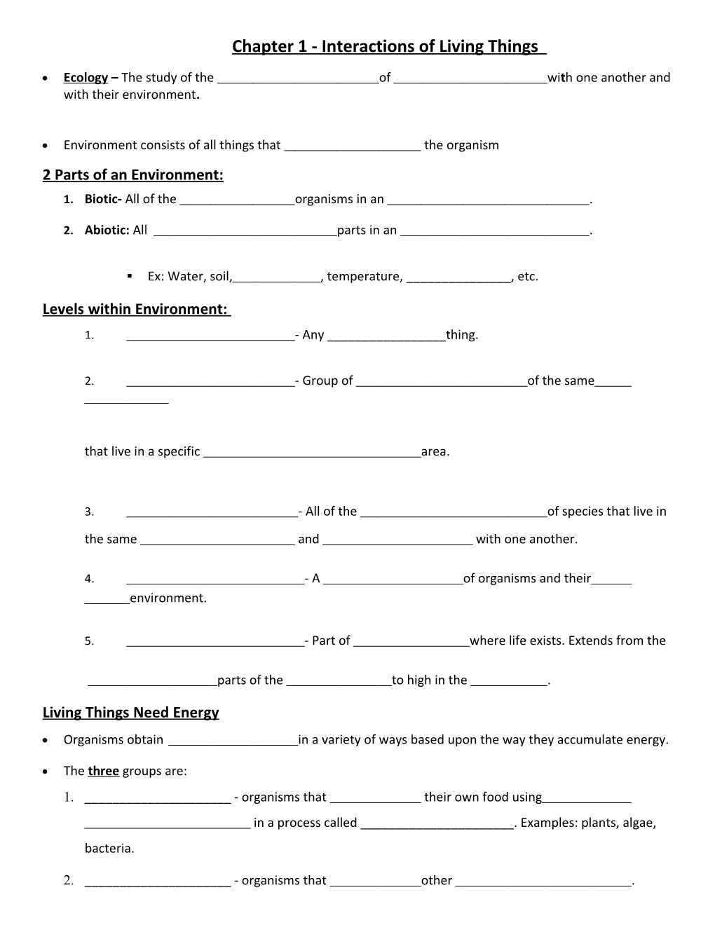 Chapter 1 - Interactions of Living Things