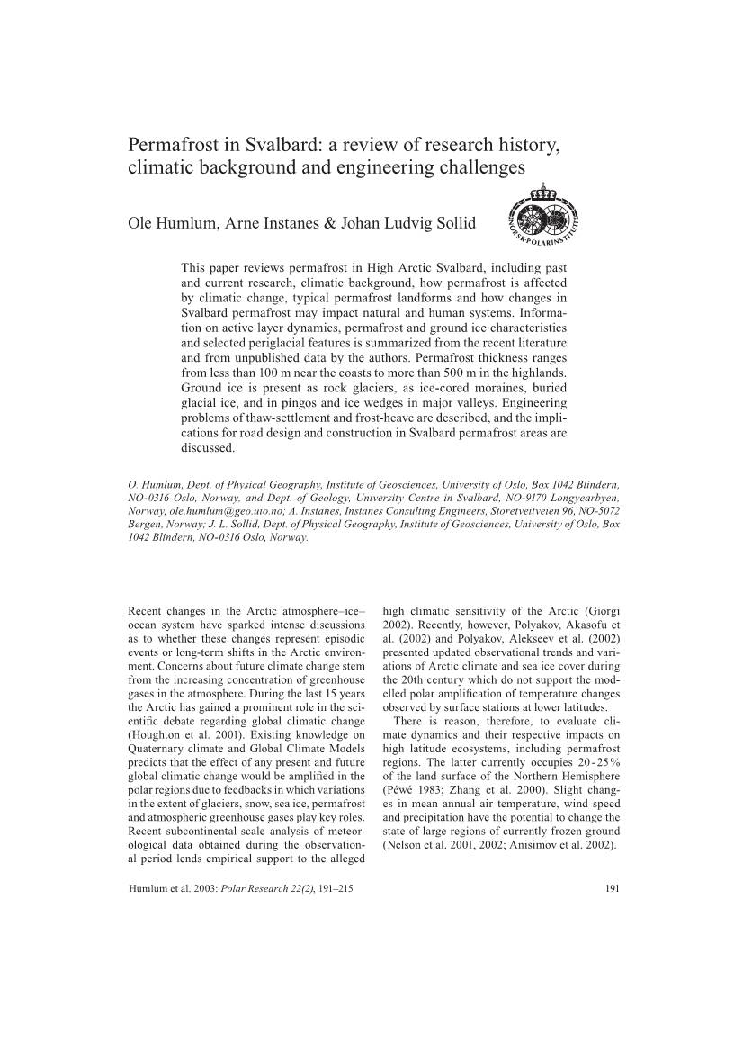Permafrost in Svalbard: a Review of Research History, Climatic Background and Engineering Challenges