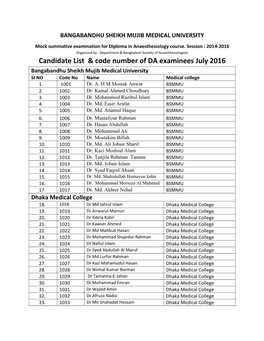 Candidate List & Code Number of DA Examinees July 2016