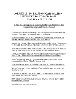 Los Angeles Philharmonic Association Announces Hollywood Bowl 2009 Summer Season