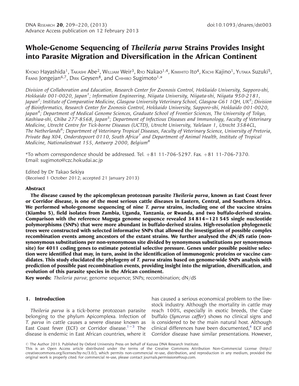 Whole-Genome Sequencing of Theileria Parva Strains Provides Insight Into Parasite Migration and Diversiﬁcation in the African Continent