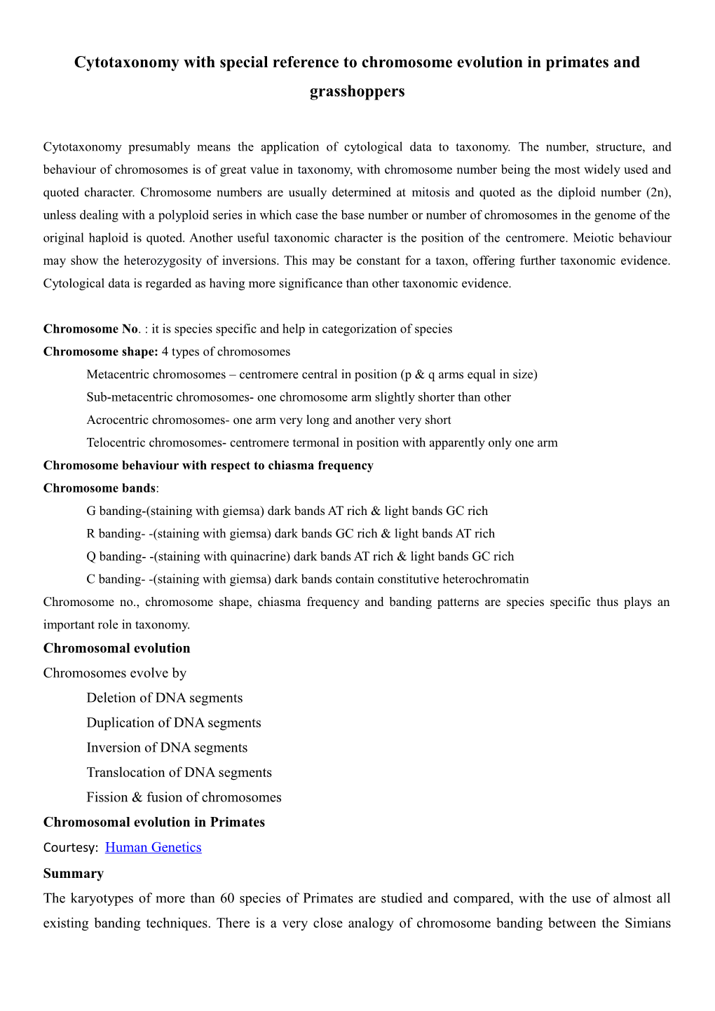 Cytotaxonomy with Special Reference to Chromosome Evolution in Primates and Grasshoppers