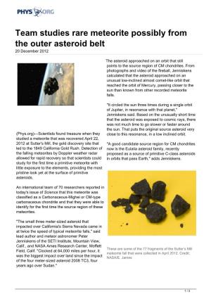 Team Studies Rare Meteorite Possibly from the Outer Asteroid Belt 20 December 2012