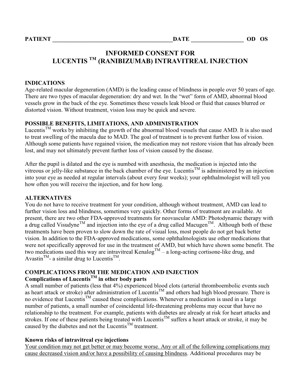 Informed Consent for Lucentis Tm (Ranibizumab) Intravitreal Injection