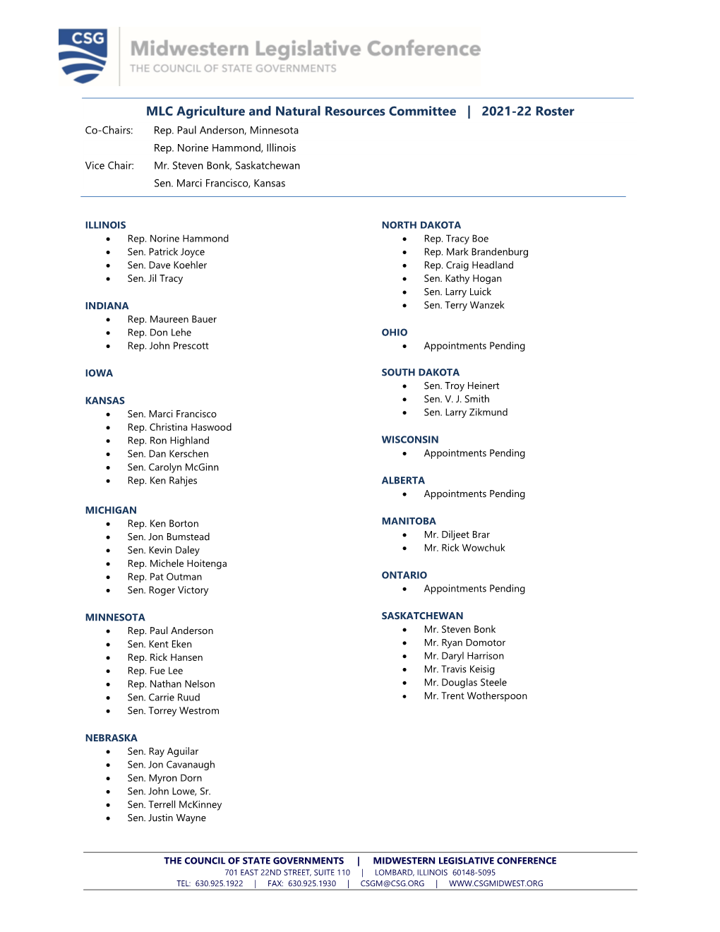 MLC Agriculture and Natural Resources Committee | 2021-22 Roster Co-Chairs: Rep