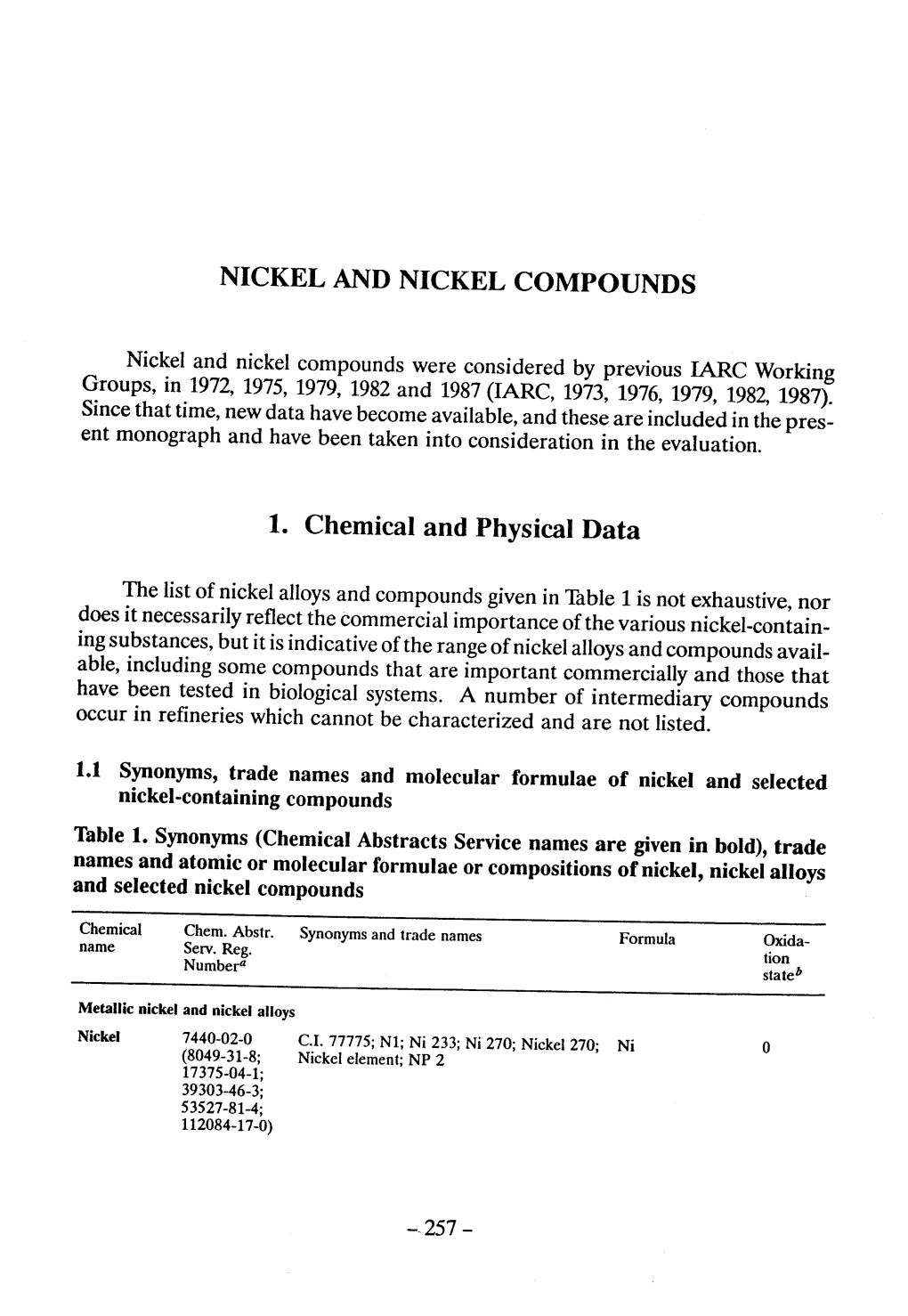 Nickel and Nickel Compounds Were Considered by Previous !AC Working Groups, in 1972, 1975, 1979, 1982 and 1987 (IARC, 1973, 1976, 1979, 1982, 1987)