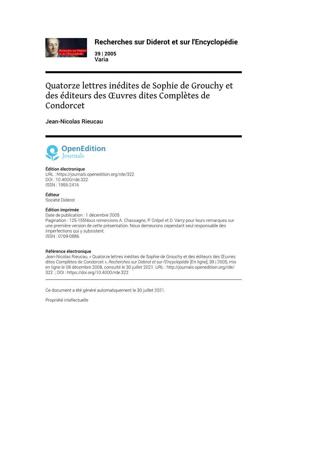 Recherches Sur Diderot Et Sur L'encyclopédie, 39 | 2005 Quatorze Lettres Inédites De Sophie De Grouchy Et Des Éditeurs Des Œuvres Dit