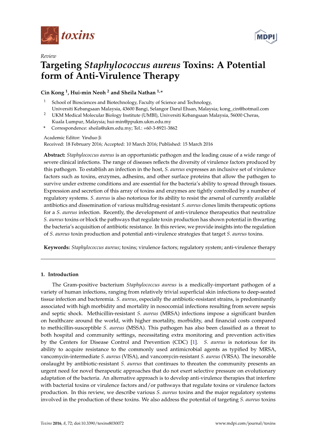 Targeting Staphylococcus Aureus Toxins: a Potential Form of Anti-Virulence Therapy