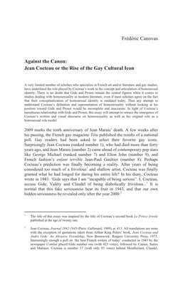 Frédéric Canovas Against the Canon: Jean Cocteau Or the Rise of The