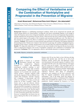 Comparing the Effect of Venlafaxine and the Combination of Nortriptyline and Propranolol in the Prevention of Migraine
