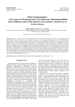 First Report of Thalamoporella Rozieri (Bryozoa: Thalamoporellidae) from Andaman Waters with Reference to Its Epibiotic Colonization on Marine Sponges