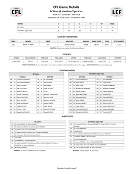 CFL Game Details BC Lions @ Hamilton Tiger-Cats Week #16 - Game #68 - Year 2018 September 29, 2018-16:00 - Tim Hortons Field