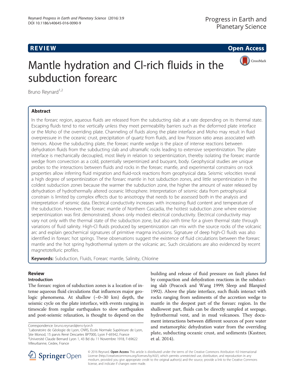 Mantle Hydration and Cl-Rich Fluids in the Subduction Forearc Bruno Reynard1,2