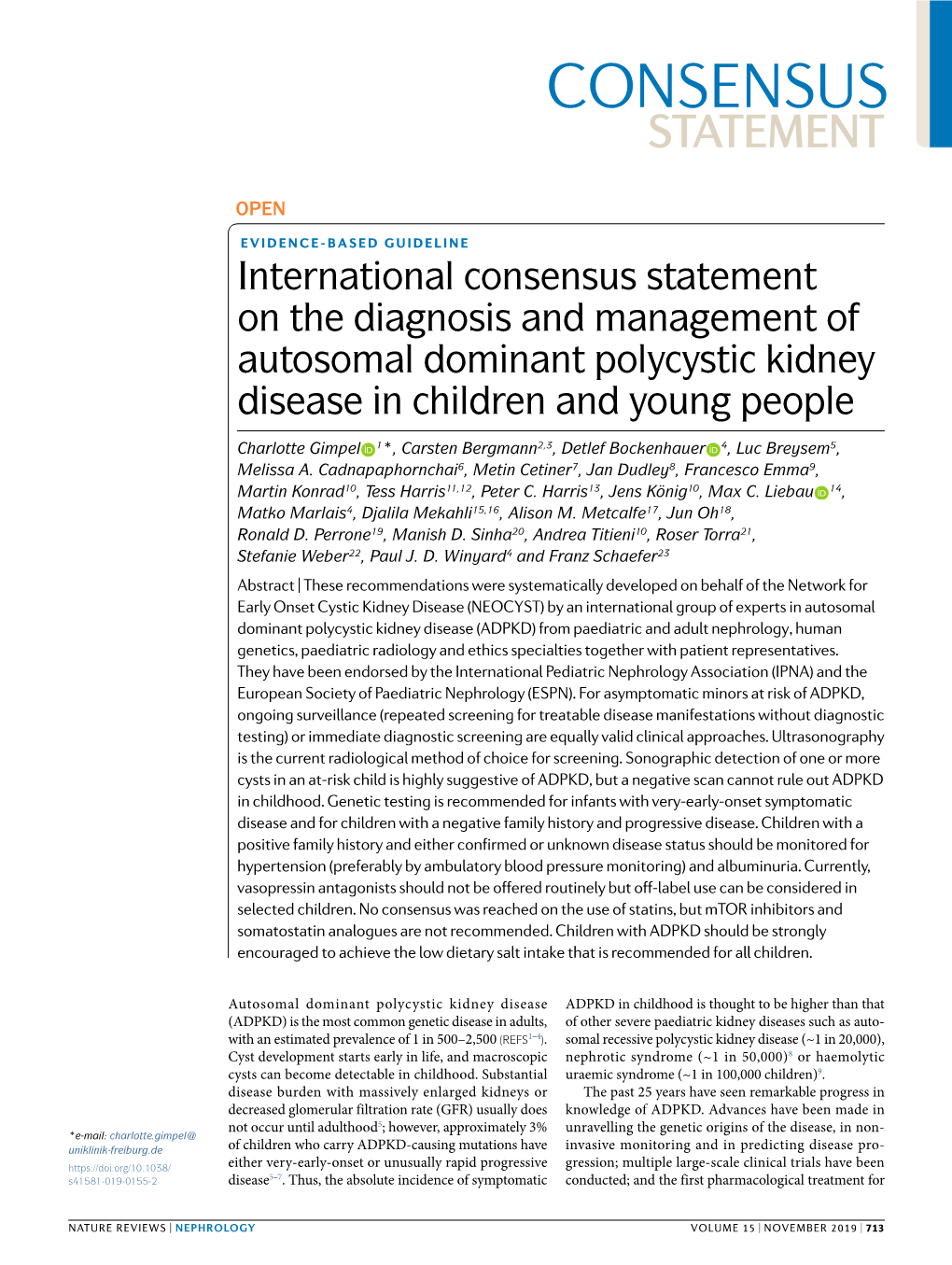 International Consensus Statement on the Diagnosis and Management of Autosomal Dominant Polycystic Kidney Disease in Children and Young People