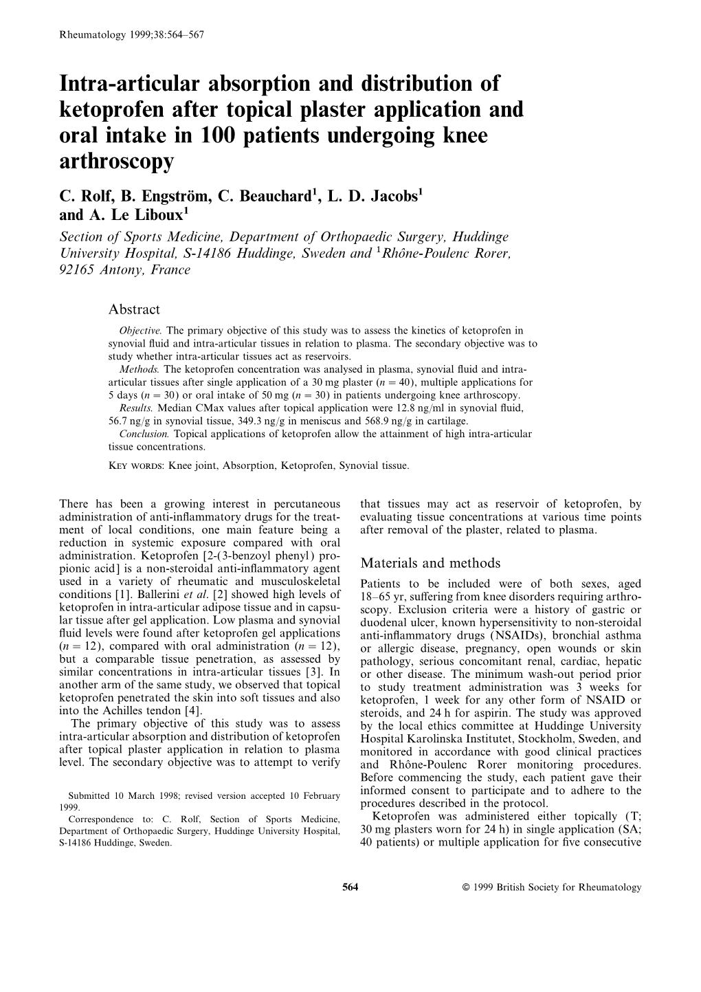 Intra-Articular Absorption and Distribution of Ketoprofen After Topical Plaster Application and Oral Intake in 100 Patients Undergoing Knee Arthroscopy C