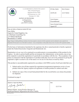 US EPA, Pesticide Product Label, AGENT GT,12/17/2014