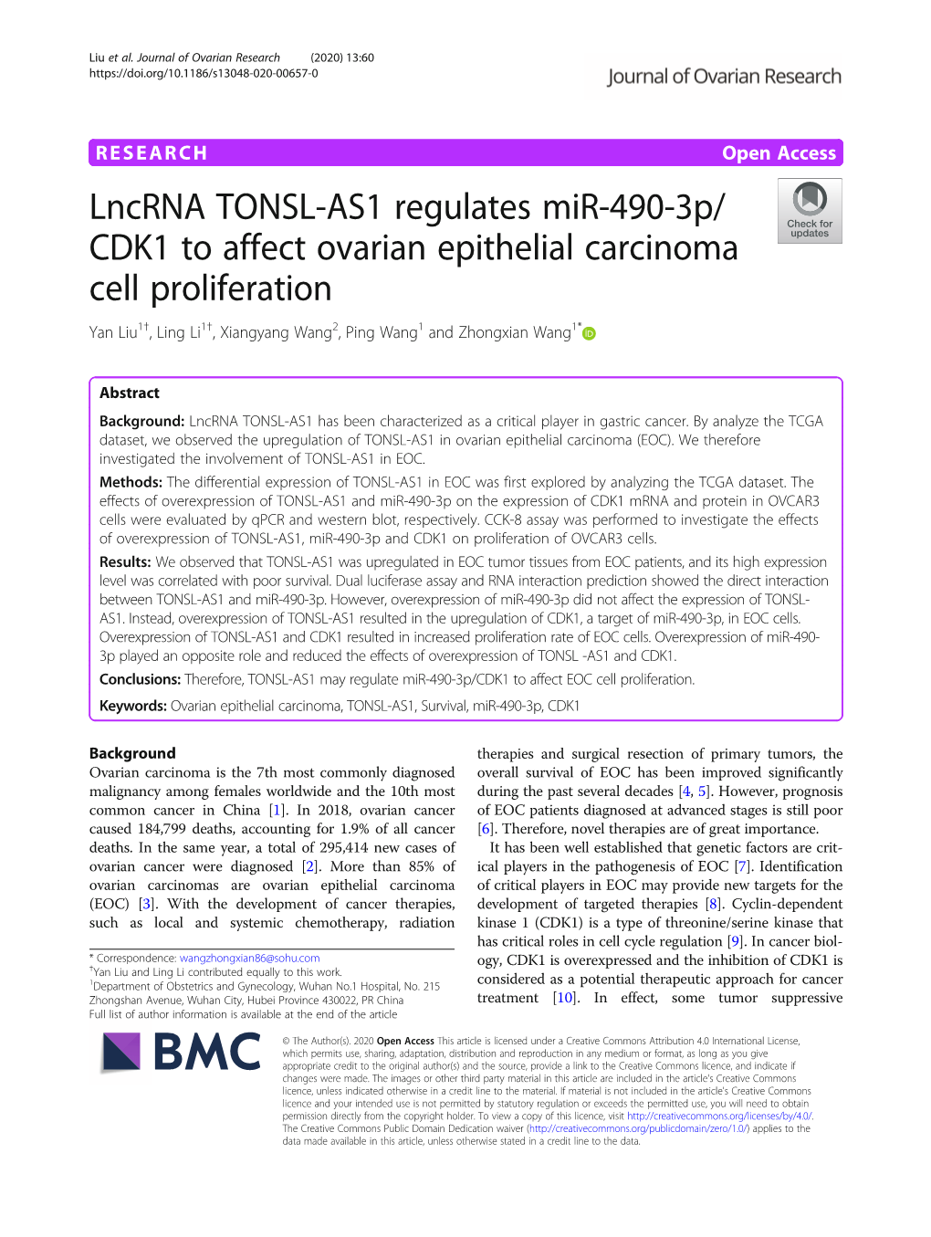 Lncrna TONSL-AS1 Regulates Mir-490-3P/CDK1 to Affect Ovarian