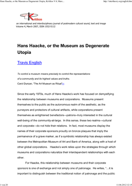 Hans Haacke, Or the Museum As Degenerate Utopia, Kritikos V.4, Marc