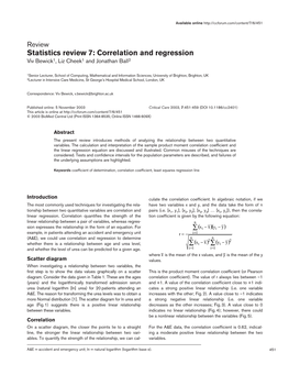 Statistics Review 7: Correlation and Regression Viv Bewick1, Liz Cheek1 and Jonathan Ball2
