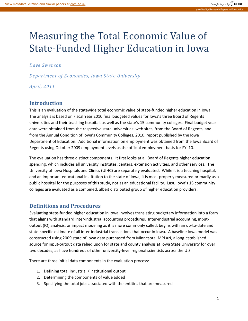 Measuring the Total Economic Value of State Funded Higher Education