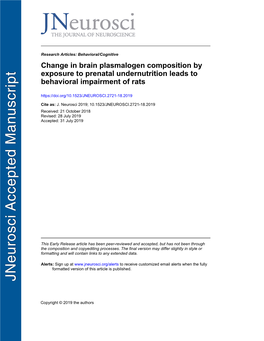 Change in Brain Plasmalogen Composition by Exposure to Prenatal Undernutrition Leads to Behavioral Impairment of Rats