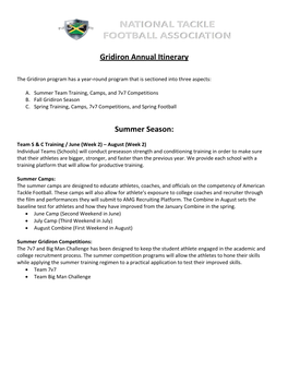 Gridiron Annual Itinerary Summer Season