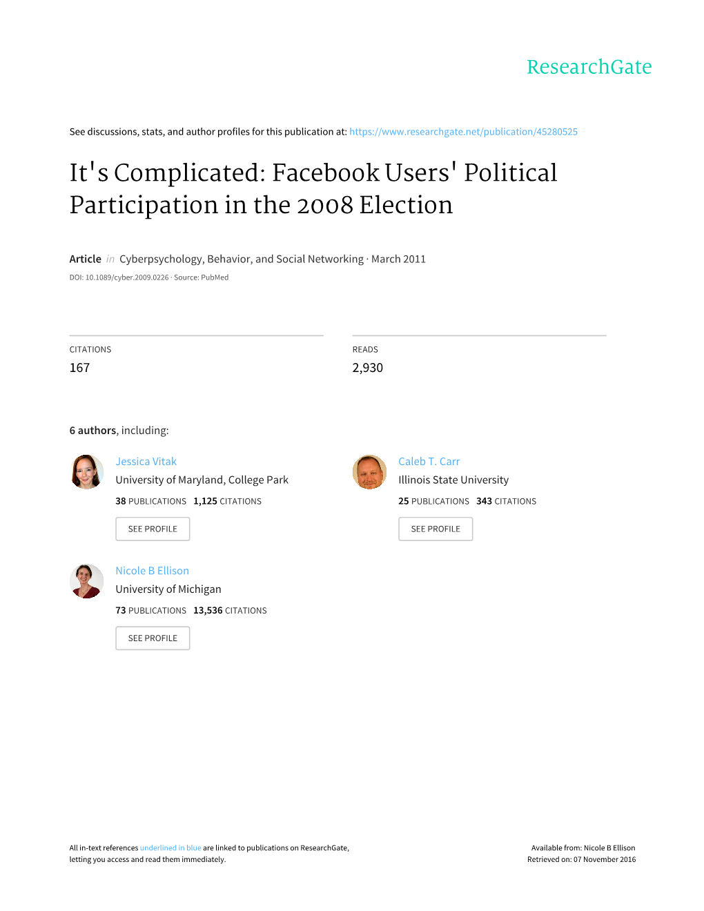 Facebook Users' Political Participation in the 2008 Election